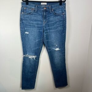 Madewell Womens The Slim Boy Jean Blue Distressed Ripped Denim Stretch